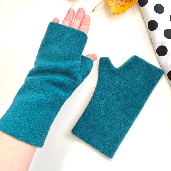 Teal blue fingerless wrist warmer gloves Warm texting gloves Fleece mittens Gift