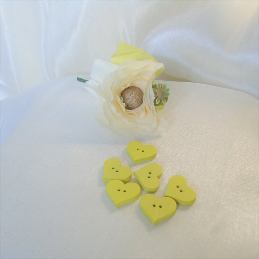 6 yellow wood heart buttons - 2 cms across - 2 holes