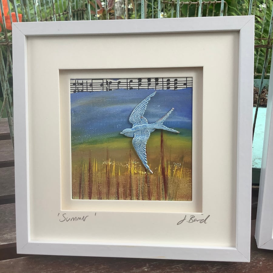 Mixed media swallow picture. Vintage. Framed oil pastel. Art. Spring, summer, 