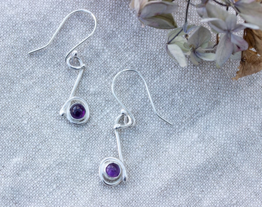 Sterling Silver Drop Earrings With Amethyst stones, Gift for February Birthday