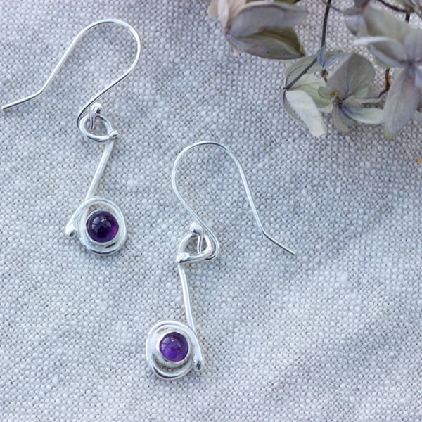 Sterling Silver Drop Earrings With Amethyst stones, Gift for February Birthday