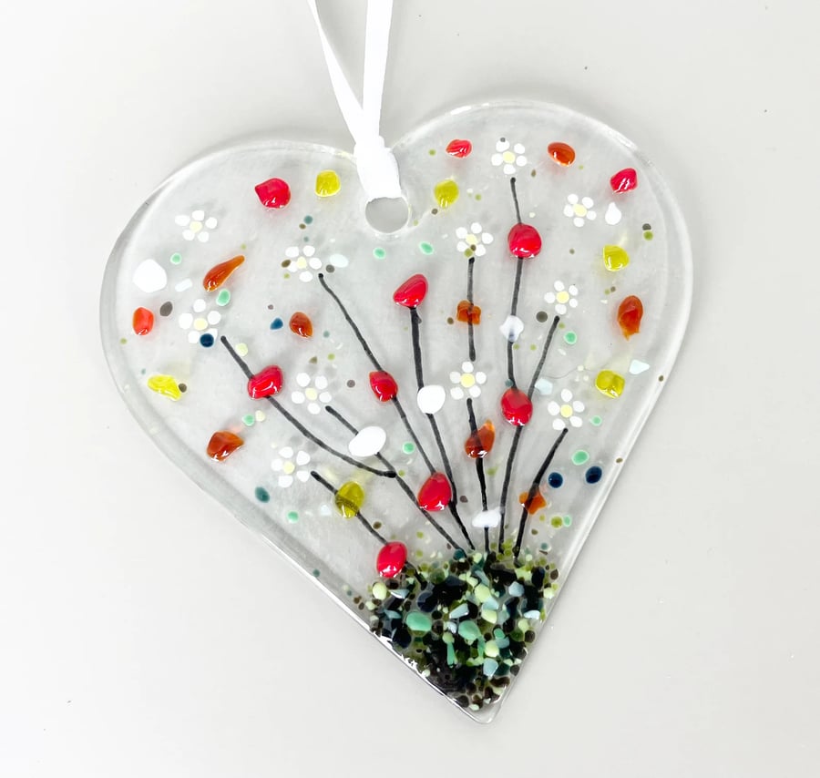 Fused Glass Daisy Garden Suncatcher  Size 9cm x 8.5cm