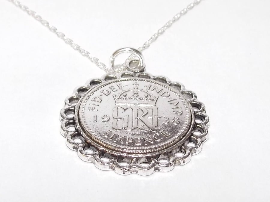 Fine Pendant 1938 Lucky sixpence 83rd Birthday plus a Sterling Silver 18in Chain
