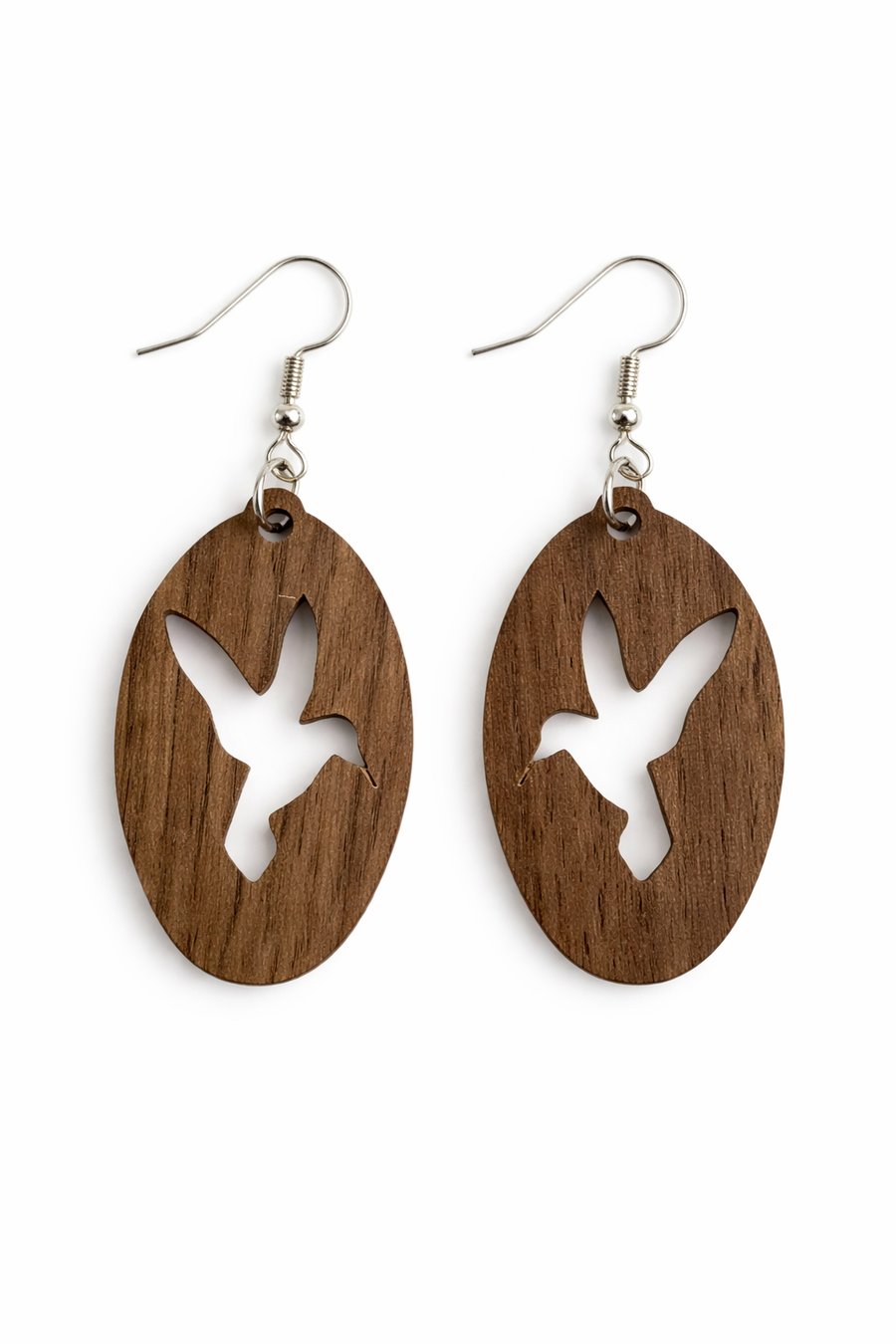 Scroll Sawn Walnut Hummingbird Earrings – Lightweight Wooden Drop Jewellery