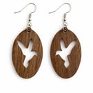 Scroll Sawn Walnut Hummingbird Earrings – Lightweight Wooden Drop Jewellery