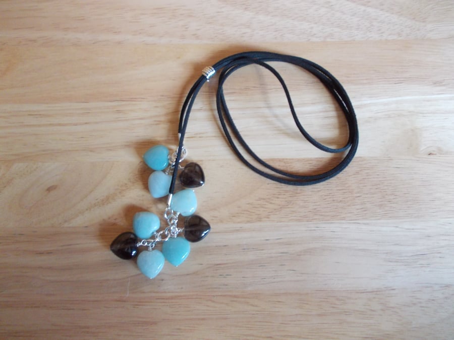 Amazonite and smokey quartz heart long length necklace