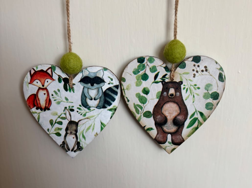 Woodland animals decoupaged hanging hearts