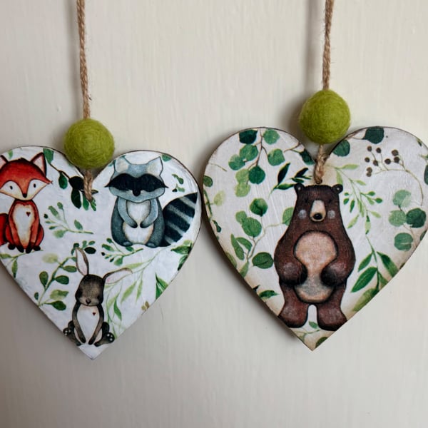 Woodland animals decoupaged hanging hearts