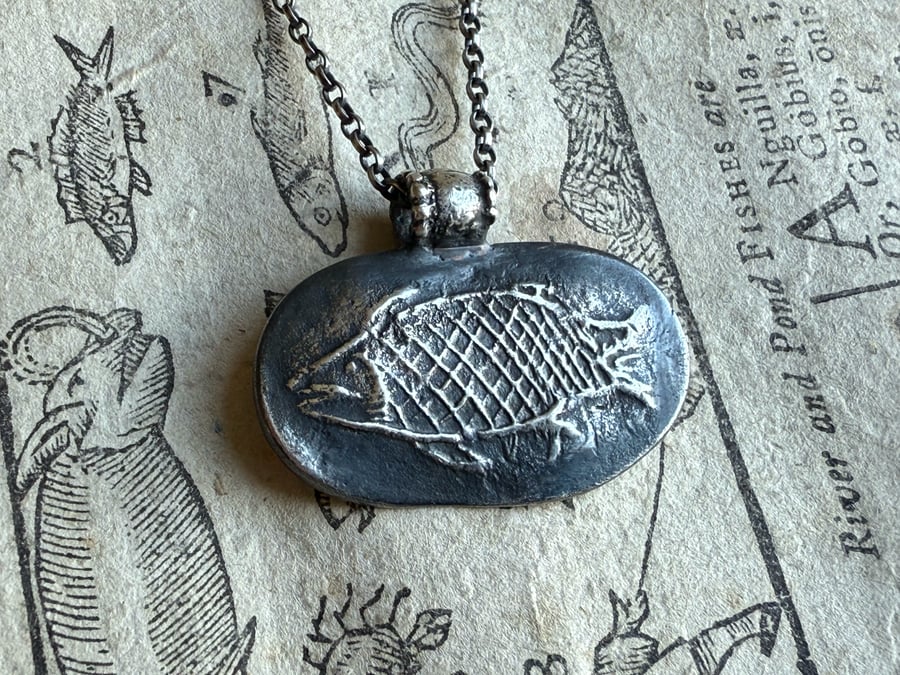 Sterling Silver Clay Pipe Fish Impression Necklace 
