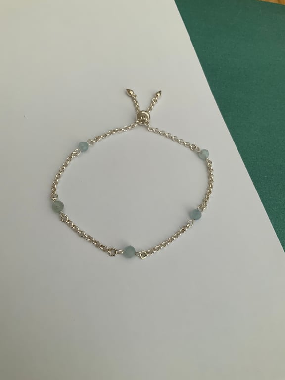 Aquamarine Bead Slider Bracelet . Sterling Silver Adjustable Bracelet.