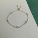Aquamarine Bead Slider Bracelet . Sterling Silver Adjustable Bracelet.