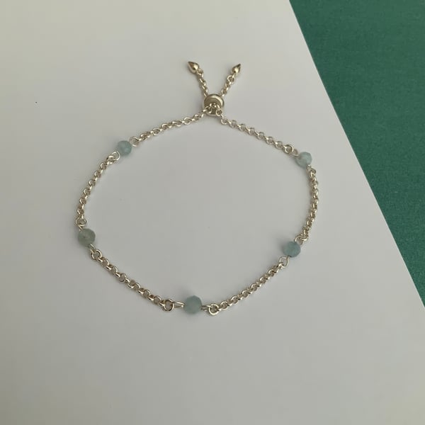 Aquamarine Bead Slider Bracelet . Sterling Silver Adjustable Bracelet.