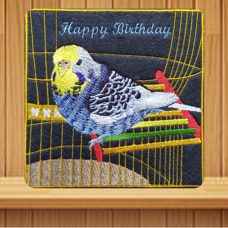 Budgerigar Embroidered Birthday Card. Handmade  