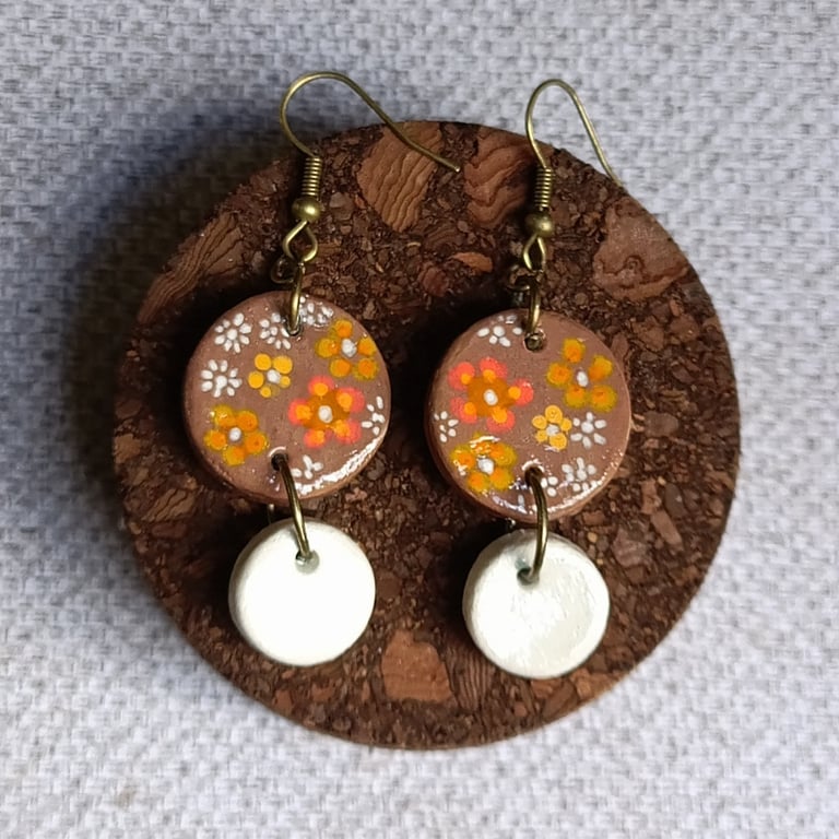 Hand painted 1970s boho floral earrings 