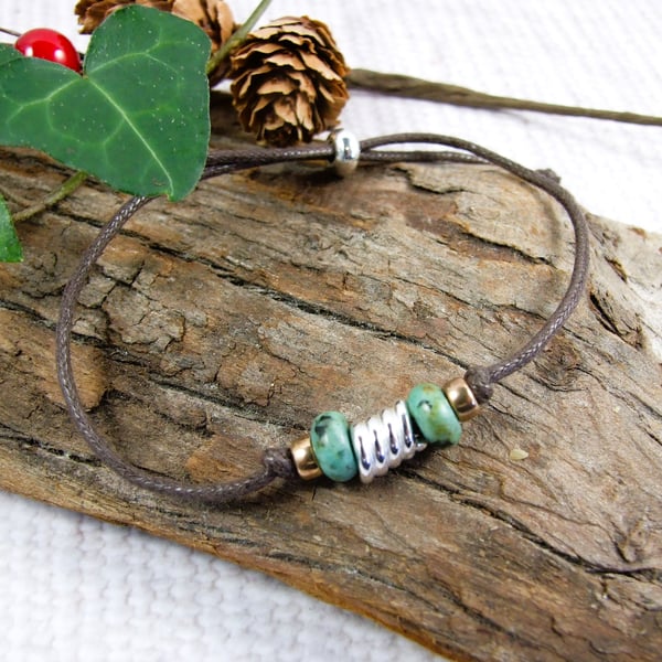 Silver Spiral Bracelet, Waxed Cord with Turquoise
