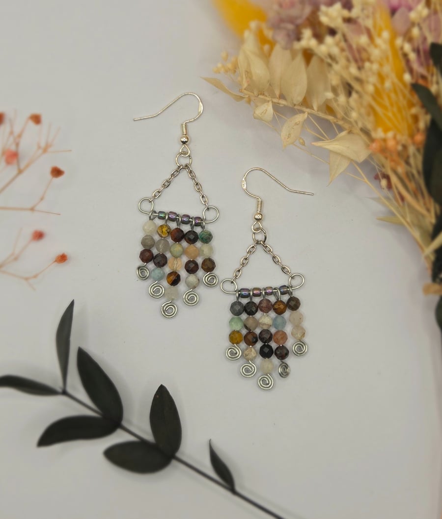 Sterling Silver Mixed Gemstone Faceted Chandelier Earrings