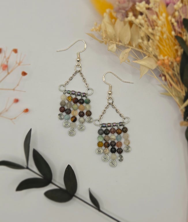 Sterling Silver Mixed Gemstone Faceted Chandelier Earrings