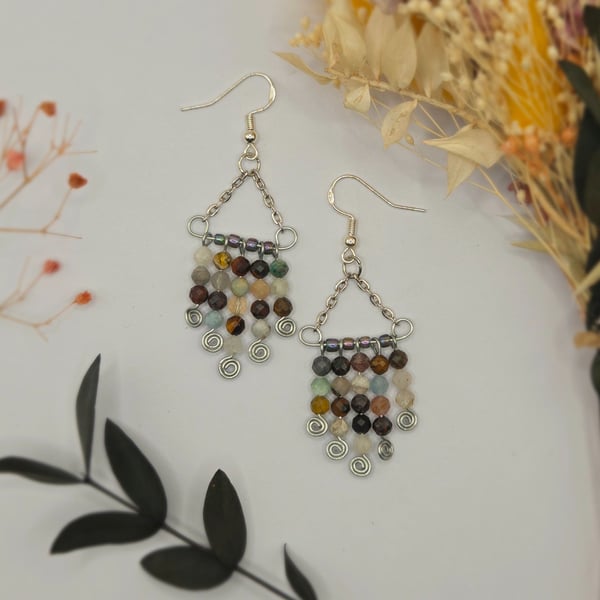 Sterling Silver Mixed Gemstone Faceted Chandelier Earrings