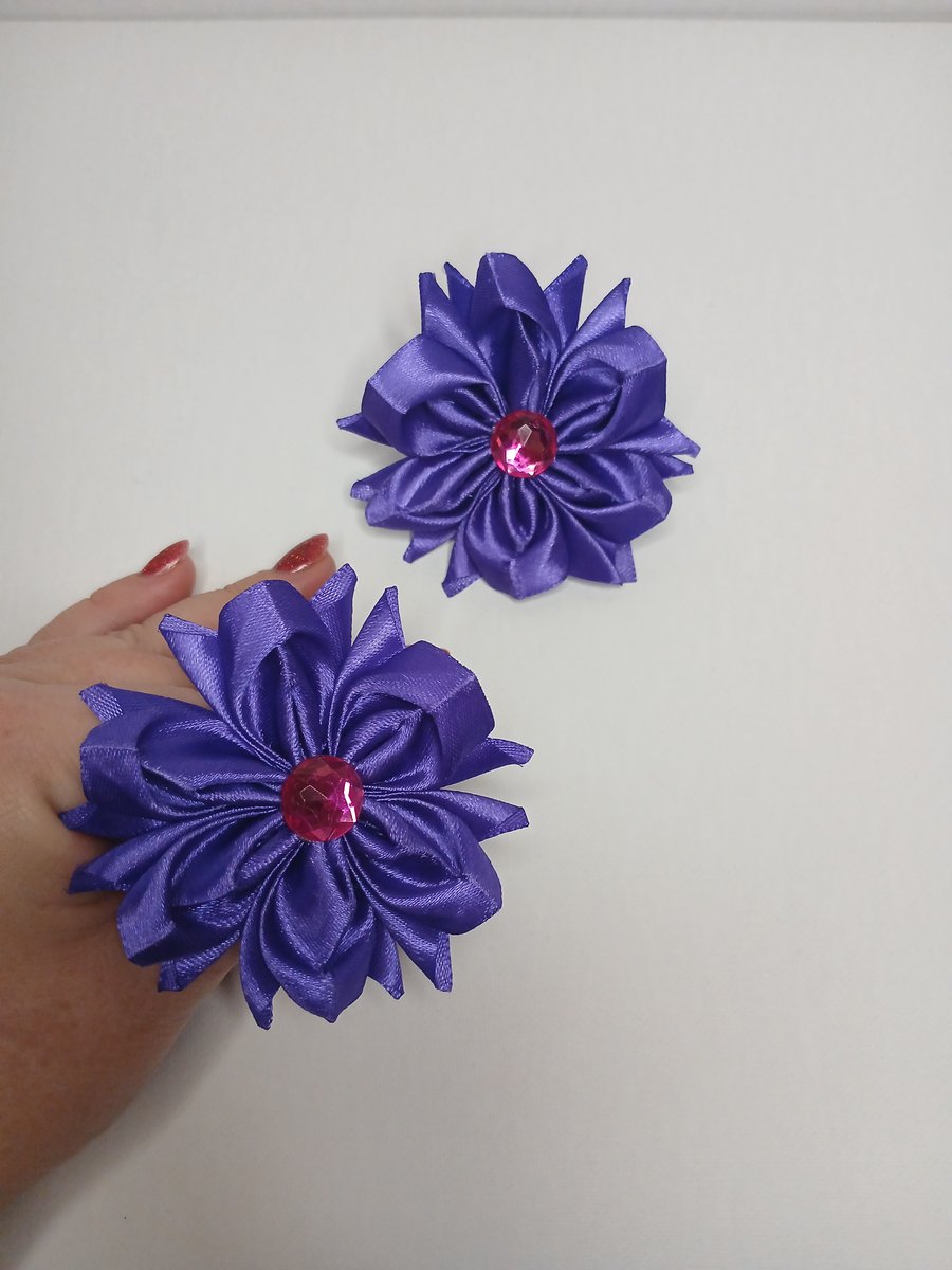 Dark Purple Satin Ribbon Bobbles with Pink Rhinestone, Kids Party Hair Bows