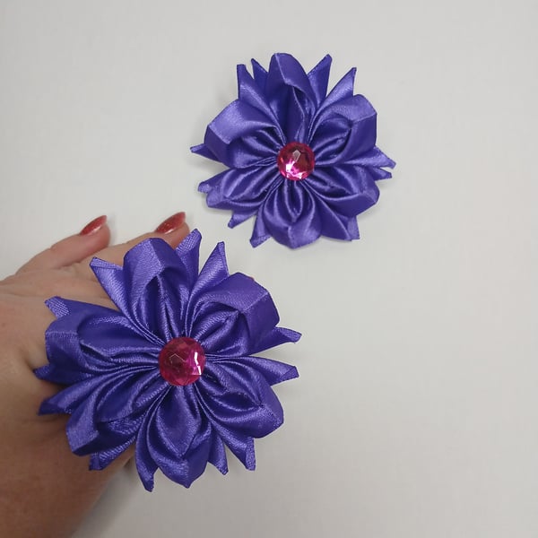 Dark Purple Satin Ribbon Bobbles with Pink Rhinestone, Kids Party Hair Bows