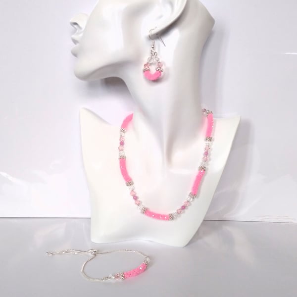 Baby Pink Diamond Crystal Sparkle Earrings Slider Bracelet & Necklace 