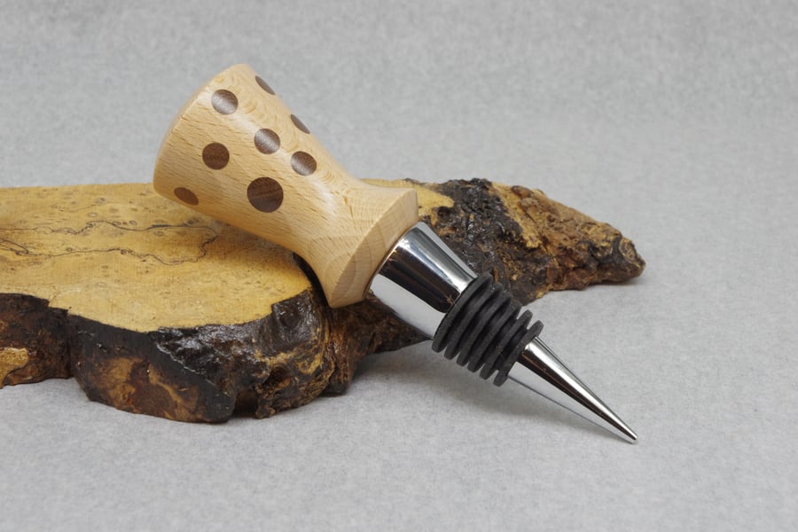 Hand Turned Wooden Bottle Stopper. Beech with Walnut dots.