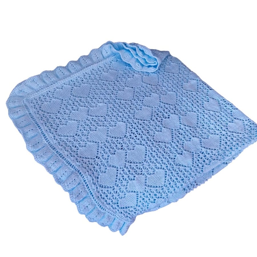 Hand knitted blue baby blanket with heart lace design, keepsake shawl gift