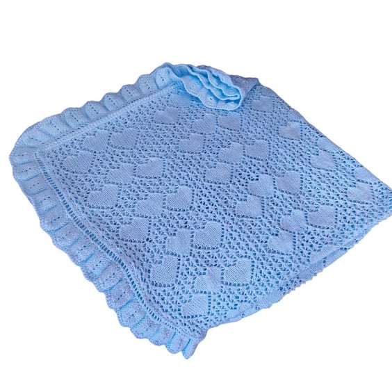Hand knitted blue baby blanket with heart lace design, keepsake shawl gift