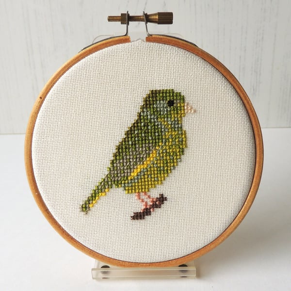 SECONDS SUNDAY greenfinch cross stitch hoop art - 4-inch10cm wooden hoop
