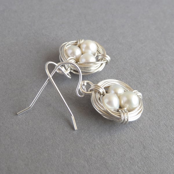 White Freshwater Pearl Nest Earrings - Wire Wrapped Jewellery - Dangle Earrings