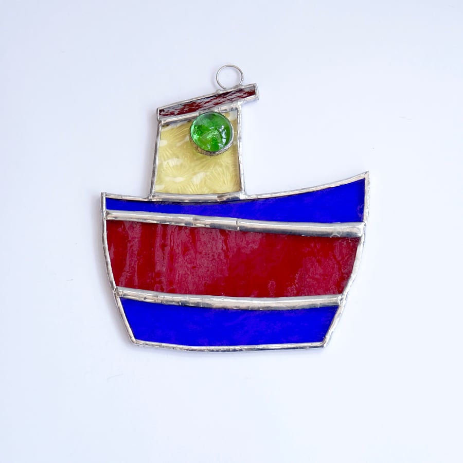Stained Glass Tug Boat Suncatcher - Handmade Window Decoration - Red and Blue
