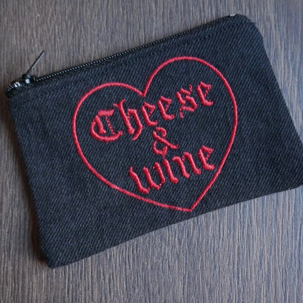 Recycled Denim Coin Purse with 'Cheese & Wine' heart embroidery - sustainable