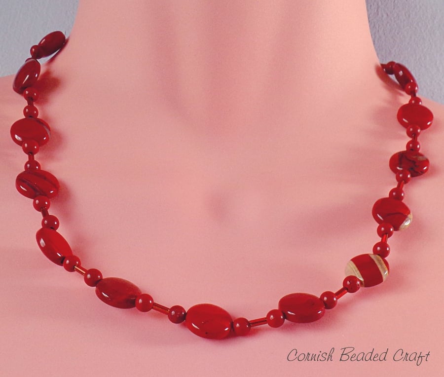 Red Jasper Beaded Sterling Silver Necklace.-Handmade in Cornwall - FREE UK P&P