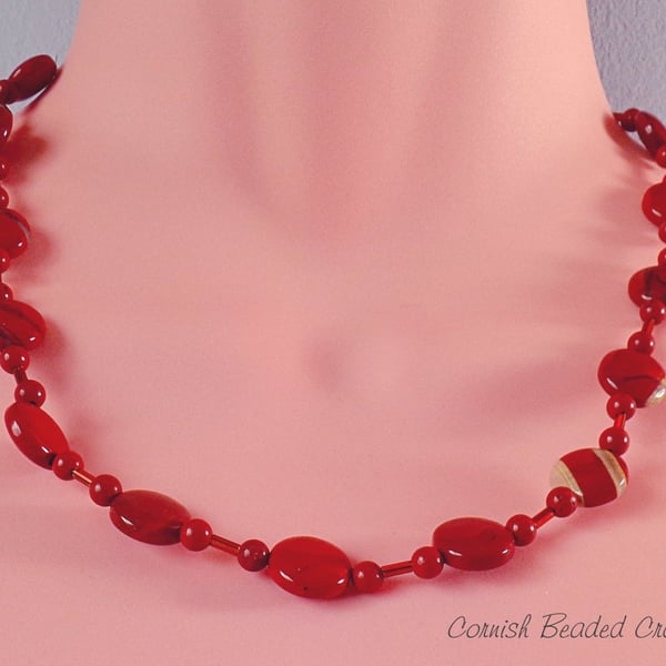 Red Jasper Beaded Sterling Silver Necklace.-Handmade in Cornwall - FREE UK P&P