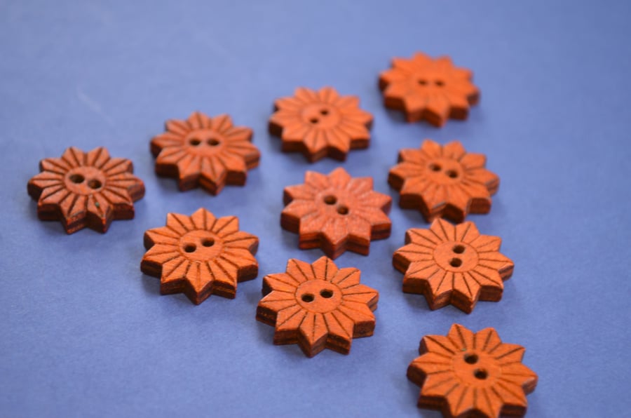 Colourful Wooden Star Flower Buttons Burnt Orange 10pk Flowers 20x20mm (STF6)