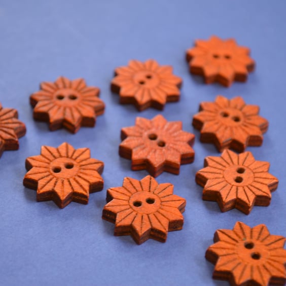 Colourful Wooden Star Flower Buttons Burnt Orange 10pk Flowers 20x20mm (STF6)