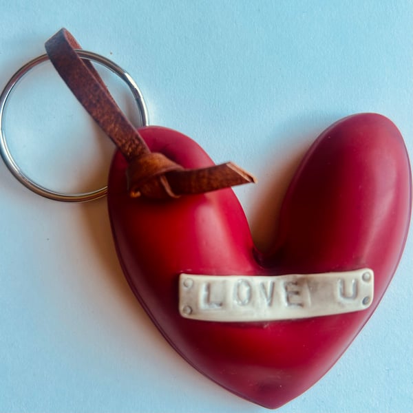 “Love U” Handmade Polymer Clay Heart Keychain
