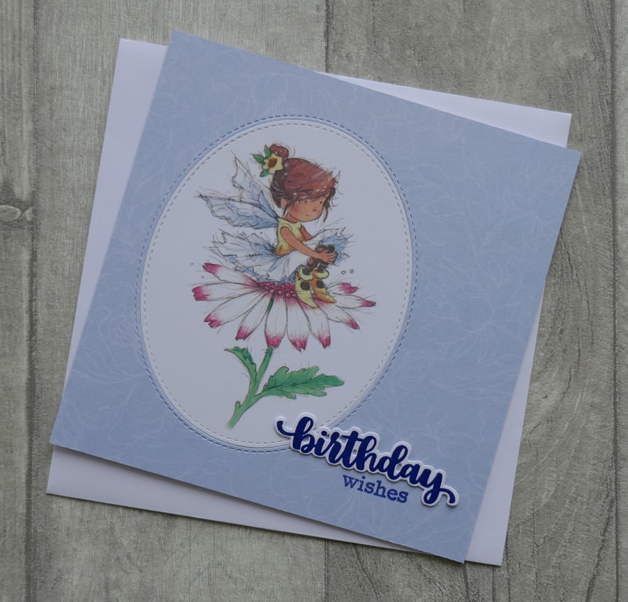 Fairy Sitting on Pink Flower - Birthday Wishes - Cute Birthday Card