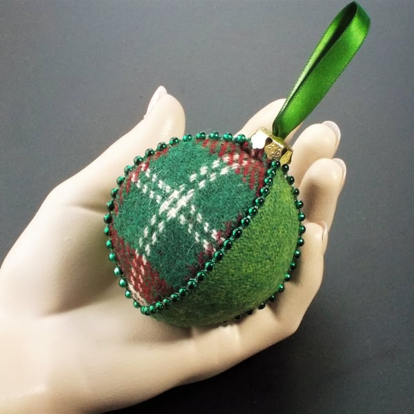 Harris tweed bauble Christmas tree decoration green tartan ornament