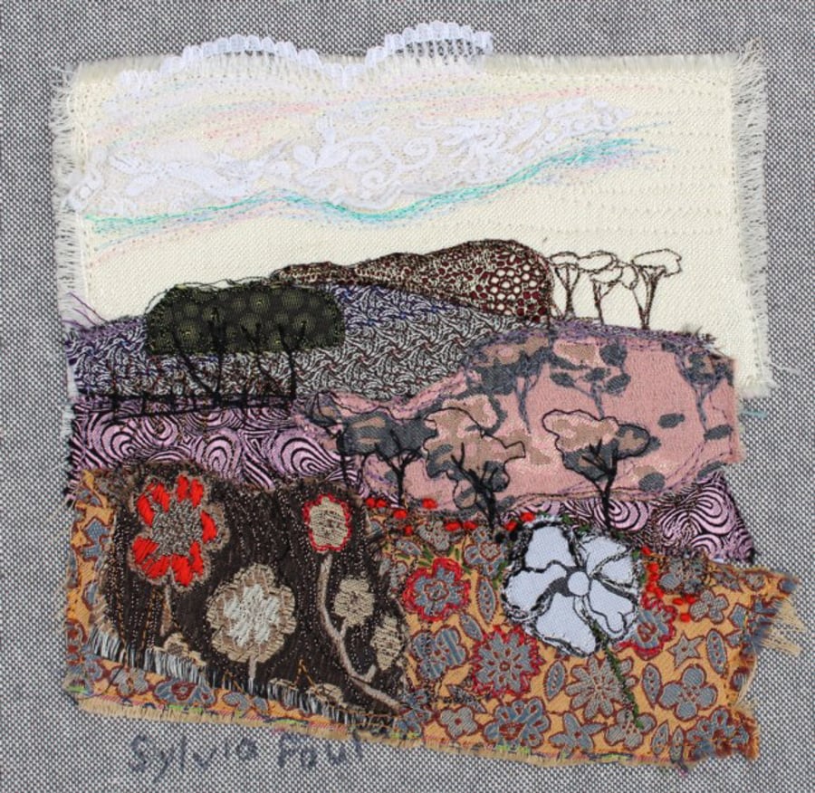 Textile Art of Landscape with Flowers