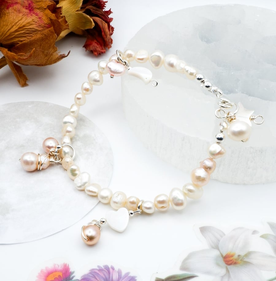 Pearl Bracelet - Freshwater Baroque Ivory & Pink Pearl Celestial Charm Bracelet 