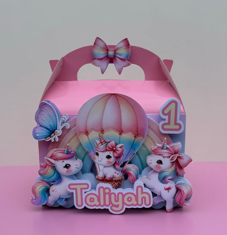 6 Personalised Unicorn  party boxes, party bags (box only)