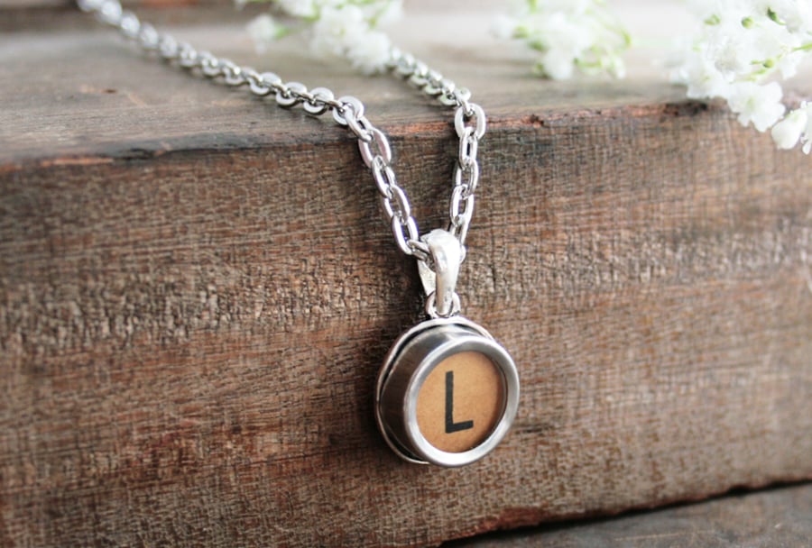 Brown Typewriter Key Personalized Letter Necklace
