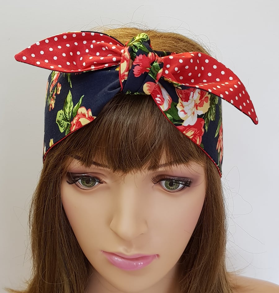 Reversible cotton headband self tie headscarf floral and polka dot hair tie