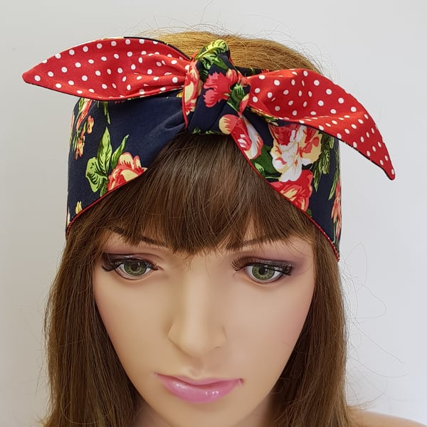 Reversible cotton headband self tie headscarf floral and polka dot hair tie