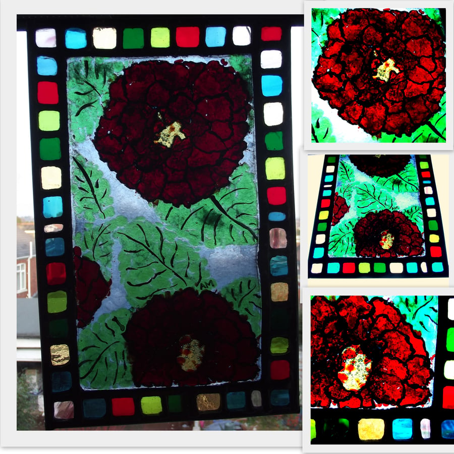 Camellia Tree, Fused, Painted and leaded Stained Glass Panel 