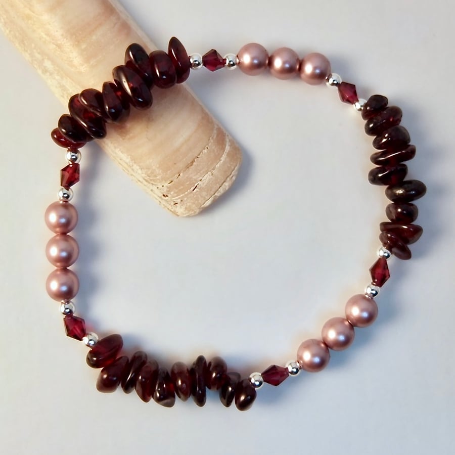 Garnet, Swarovski Pearl And Sterling Silver Bracelet - Handmade In Devon