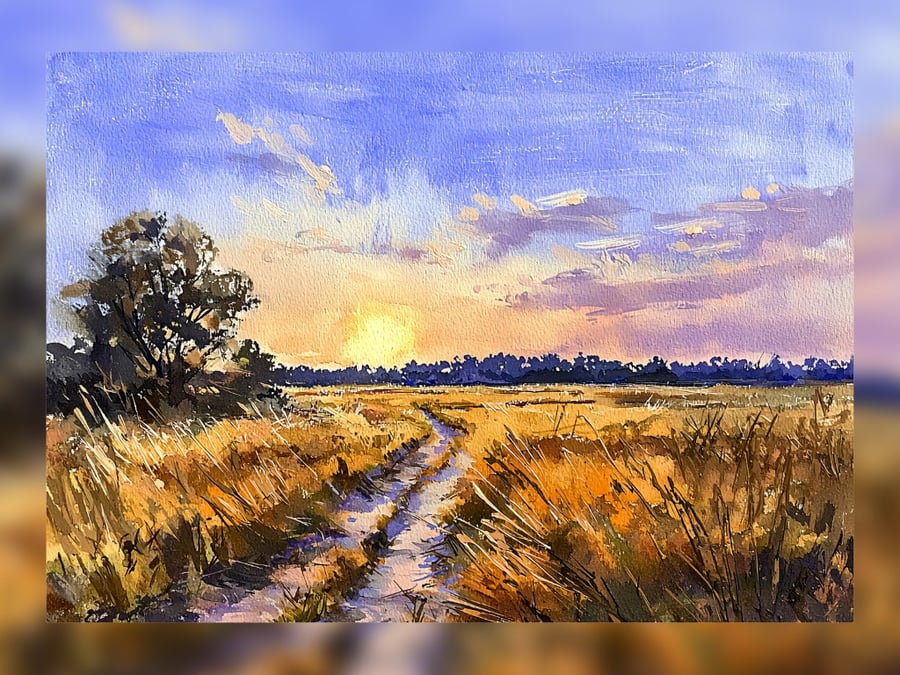 Sunset Landscape, Warm Watercolor of a Golden Field at Dusk 5"x7" Matte Print