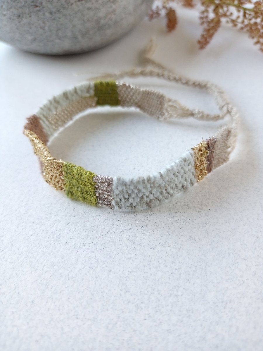 Narrow Woven Friendship Bracelet in Apple Green, Gold and Oatmeal