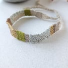 Narrow Woven Friendship Bracelet in Apple Green, Gold and Oatmeal